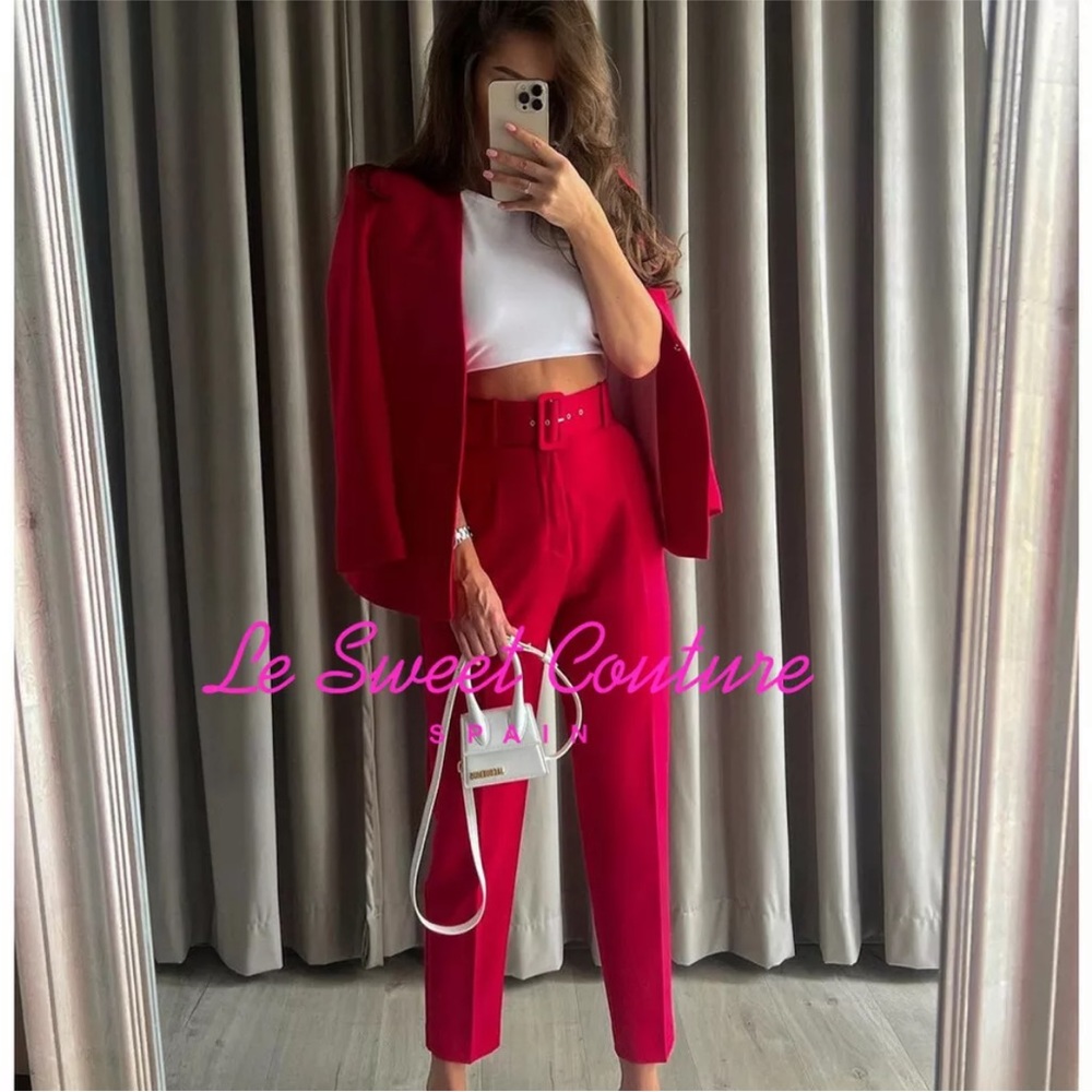 Zara HIGH-WAIST SKINNY TROUSERS W/ BELT Red NEW